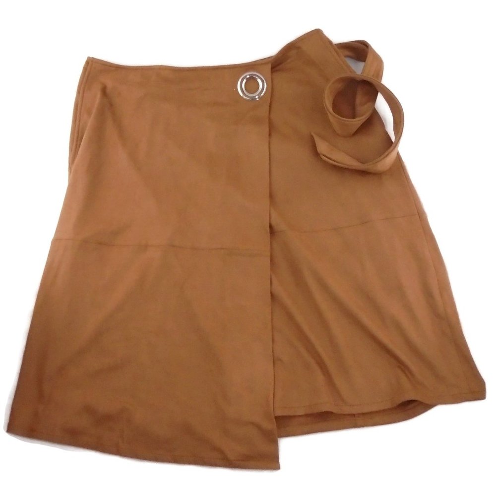 WHBM Tan Suede Feel Wrap Skirt 14 Midi Flared Tie